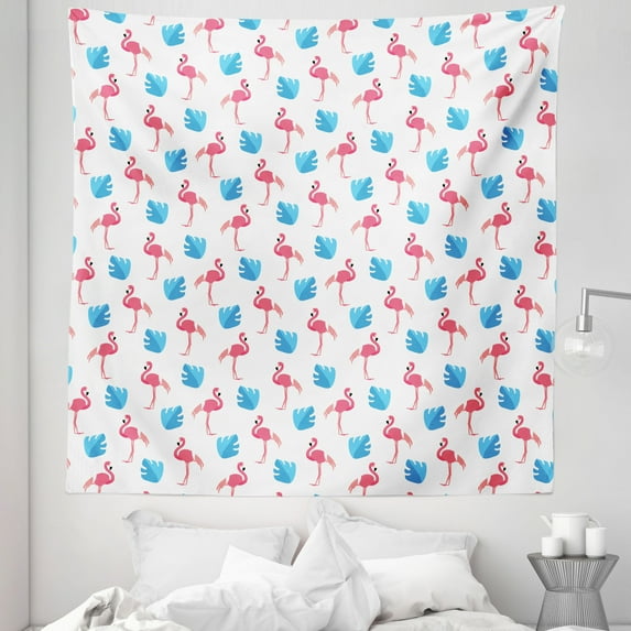 Tropical Tapestry, Pink Flamingo Birds and Blue Palm Trees Pattern Exotic Hawaiian Nature, Fabric Wall Hanging Decor for Bedroom Living Room Dorm, 5 Sizes, Pink Blue and White, by Ambesonne