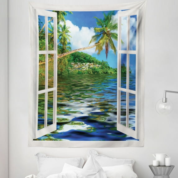 Tropical Tapestry, Rippling Sea Palms and Exotic Village Scene Through Open Window Design, Fabric Wall Hanging Decor for Bedroom Living Room Dorm, 5 Sizes, Green and Sea Blue, by Ambesonne