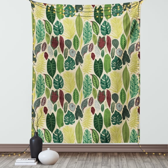 Tropical Tapestry, Vintage Style Detailed Nature Scenery of Leaves, Wall Hanging for Bedroom Living Room Dorm Decor, 60W X 80L Inches, Beige Hunter Green Redbrown Pale Reseda Green, by Ambesonne