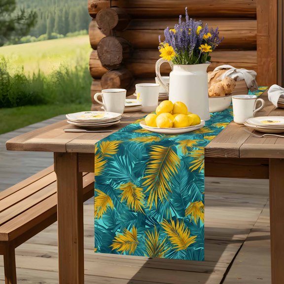 Tropical Teal Green Yellow Palm Leaves Table Runner 13x48in Non-Slip Cotton Linen Table Runners, Summer Leaf Dresser Scarves TableRunner for Dinner Kitchen Dining Wedding Party