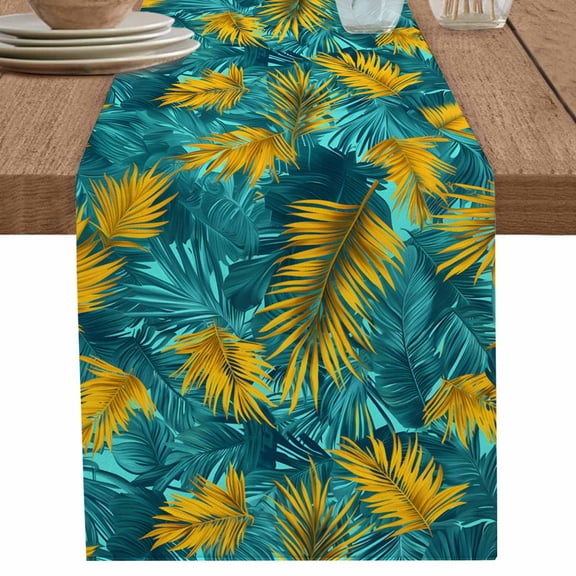 Tropical Teal Green Yellow Palm Leaves Table Runner-36 Inch Long Summer Leaf Table Runners Linen Burlap Tablerunner for Kitchen Dining Room Holiday Party