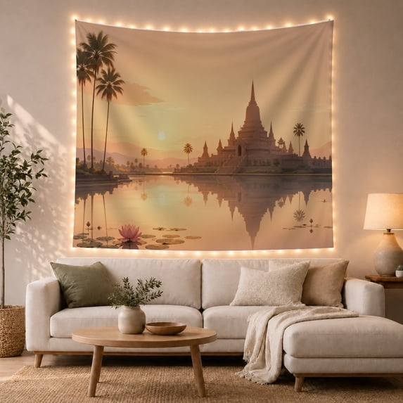 Tropical Temple Sunset With Palm Trees Over Reflective Water, Serene Illustration for Nature Lovers, Spiritual Home Decor, Housewarming Gift, Tapestry Wall Hanging for Living Room and Bedroom