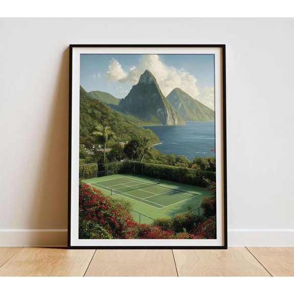 Tropical Tennis Court Ocean Scenic Landscape Wall Art St. Lucia Pitons Caribbean Sea Green Coastal Tennis Lover Gift Print