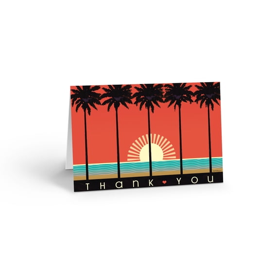 Tropical Thank You Note Cards - 10 Boxed Cards & Envelopes - Sunset Palm Tree Bl