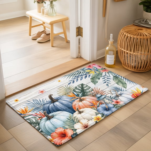 Tropical Thanksgiving 2'x3' Small Rugs for Entryway Front Door Kitchen Sink Area, Fall Orange Blue Pumpkin Palm Leaves Wood Soft Sturdy Mats Washable Non Slip Rectangle Area Rug