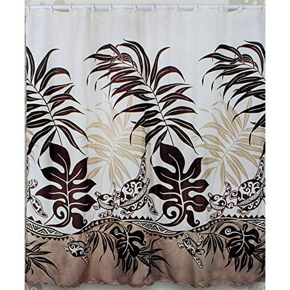 Tropical Theme 100% Polyester Textured Fabric Shower Curtain Maroon Brown Color Turtle and Monstera Leaf