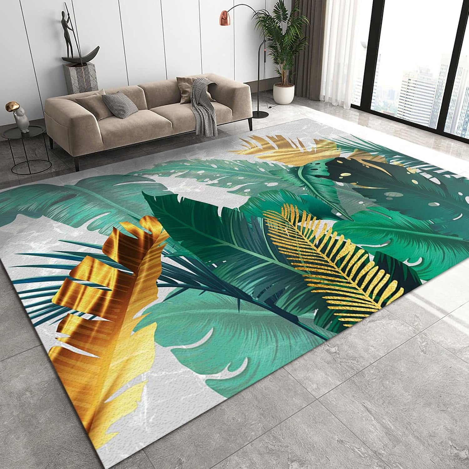 Tropical Theme Area Rug, Green Monstera Palm Leaves Outdoor Carpet ...
