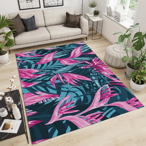 Tropical Theme Area Rug, Red Blue Abstract Rainforest Plant Leaves Floor Carpet, Soft Non-Slip Indoor Outdoor Easy to Clean Rug for Home Living Room Bedroom Office Mat 2ft x 3ft
