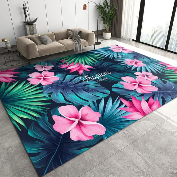 Tropical Theme Area Rugs, Blue Monstera Leaves Pink Flowers Outdoor Carpet, Modern Non-shedding Foldable Washable Non Slip Rug for Home Living Room Bedroom Office Decor 4ft x 8ft