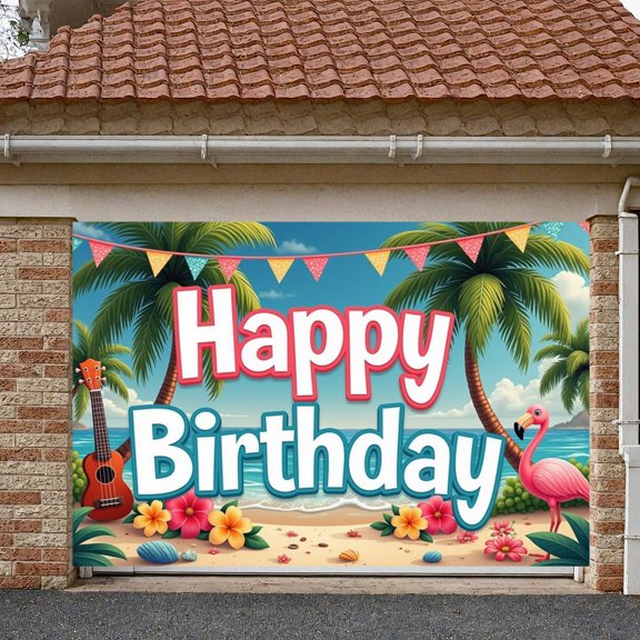 Tropical Theme Banner Flamingo Design Tropical Birthday Display Palm Tree Pattern Beach Scene Beach Party Backdrop for Birthday Party Beach Party Tropical Celebration