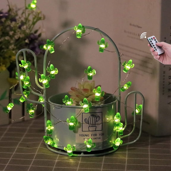 Tropical Theme Cactus Decorative String Lights 14.1Ft 40 Warm White LED Waterproof Battery Operated 8 Modes Cactus Lights for Holiday Party Bedrooms Weddings Garden Decorations with Remote
