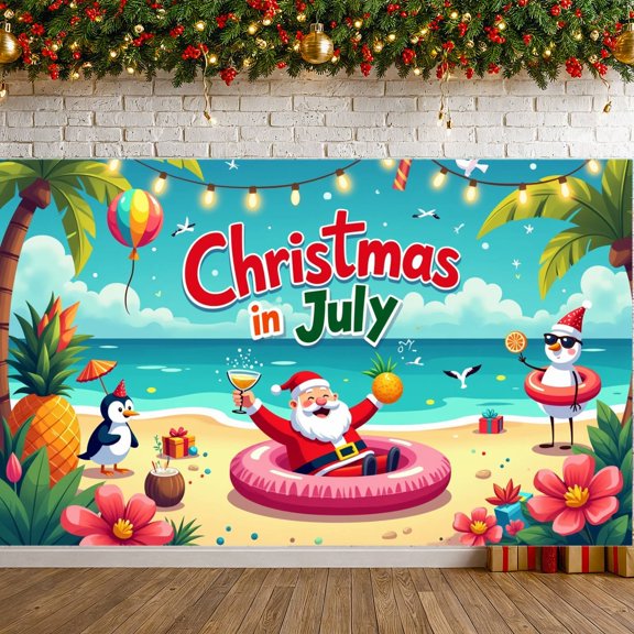 Tropical Theme Christmas in July Banner Summer Holiday Banner Colorful Balloons Beach Elements Celebration Banner for Summer Party Beach Gathering July Christmas Celebration