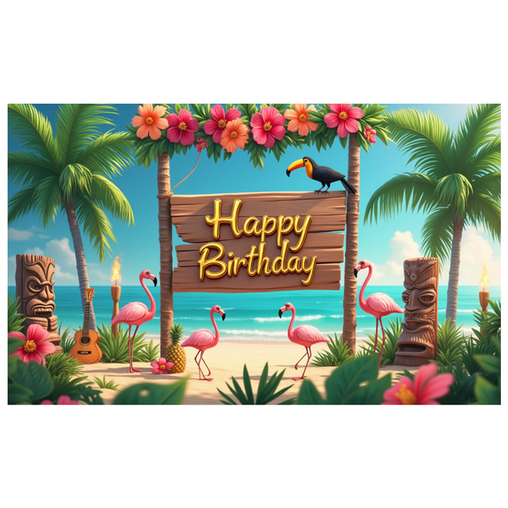 Tropical Theme Happy Birthday Flamingo Banner Colorful Flowers Palm Trees for Birthday Party Beach Party Outdoor Celebration