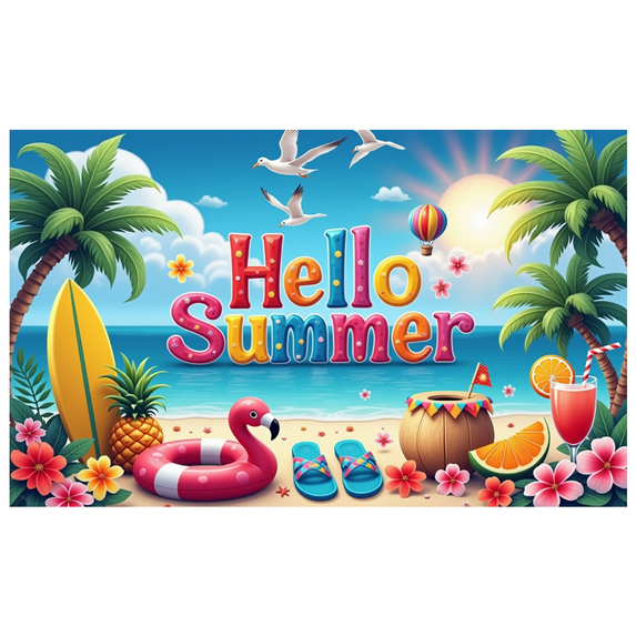 Tropical Theme Hello Summer Beach Banner Decorative Design Colorful Letters Sunlight for Summer Party Beach Party Kids Event