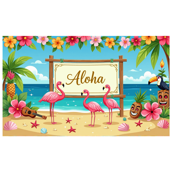 Tropical Themed Aloha Banner with Flamingos Pineapples and Tiki Decors Hawaiian Party Backdrop Decorations for Luau Events Beach Gatherings and Tropical Photo Props