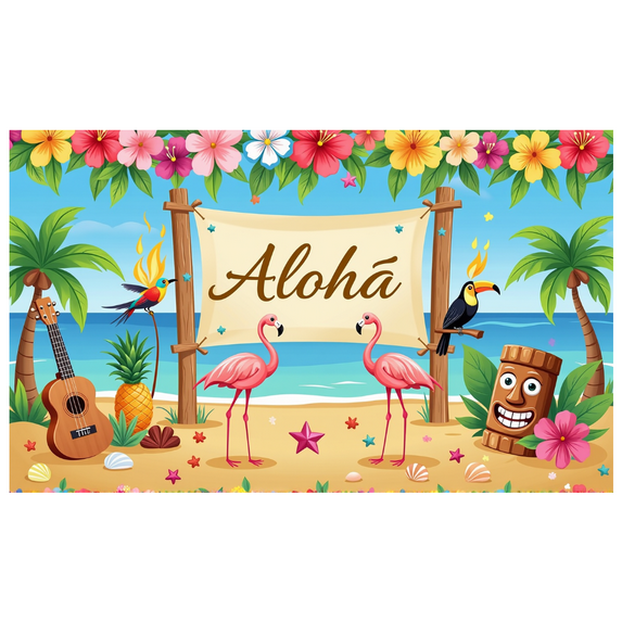 Tropical Themed Aloha Banner with Flamingos Pineapples and Tiki Decors Hawaiian Party Backdrop Decorations for Luau Events Beach Gatherings and Tropical Photo Props