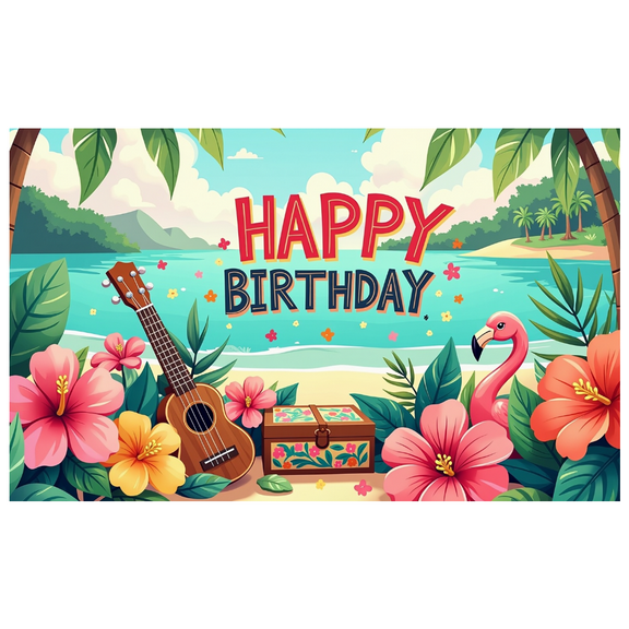 Tropical Themed Happy Birthday Banner with Flamingo Ukulele and Flowers Party Backdrop Decorations for Beach Parties Photography Props Birthday Celebrations