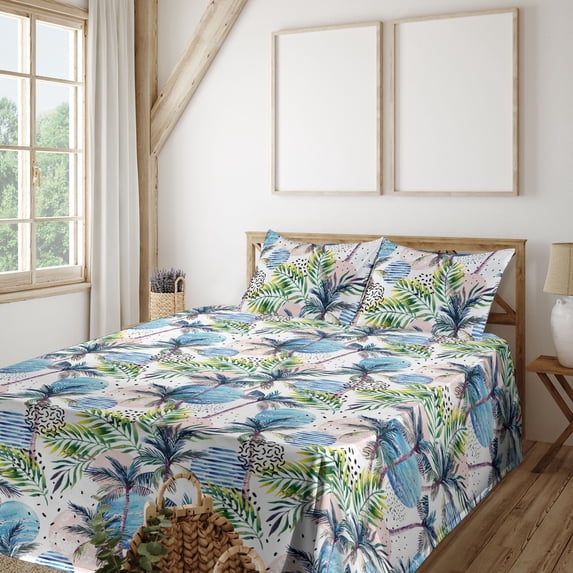 Ambesonne Tropical Themed Fitted & Flat Sheet with Sham 3 Pcs Set, Retro Wave Hawaii, Twin, Fern Green Eggshell Rose