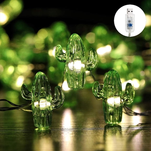 Tropical Themed Small Cactus USB-Plugin String Lights 0.8"(H) 40 LED with Remote Control and Timer On 13.85ft Copper Wire Warm White Waterproof Warm White for Decorations