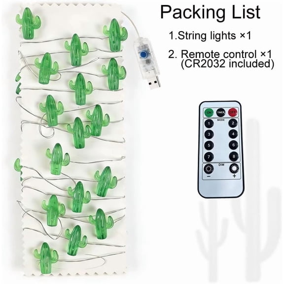 Tropical Themed Small Cactus USB-Plugin String Lights 0.8"(H) 40 LED with Remote Control and Timer On 13.85ft Copper Wire Warm White Waterproof Warm White for Decorations