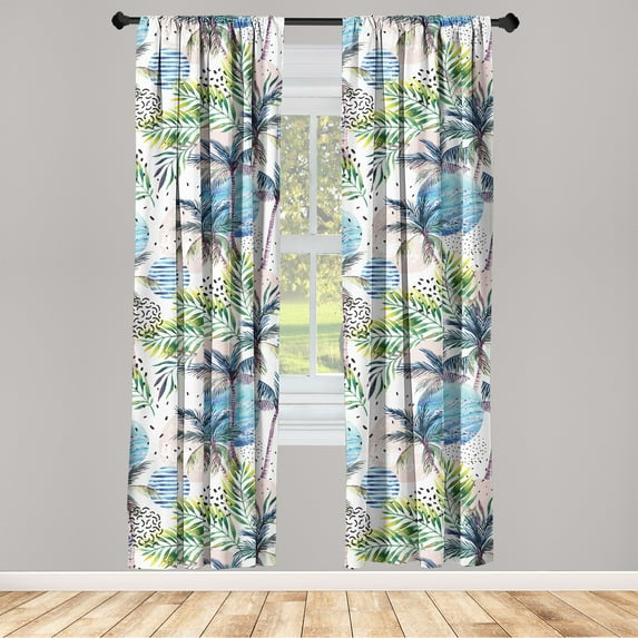 Tropical Themed Window Curtains, Retro Wave Themed Hawaii Palm Trees with Leaves Greenery Art, Lightweight Decor 2-Panel Set with Rod Pocket, Pair of - 28"x95", Fern Green Eggshell Rose, by Ambesonne