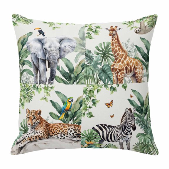 Tropical Throw Pillow Cover Elephant Giraffe Tiger Zebra Cotton Linen Cushion Cover Throw Pillow Case with Invisible Zipper for Couch Sofa Bed Chair Car 20x20 Inch