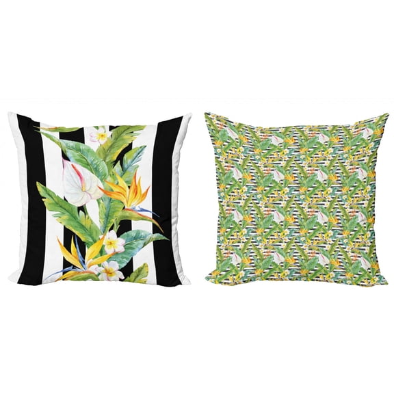 Ambesonne Tropical Throw Pillow Cover 2 Pack, Hawaiian Exotic Bouquets, 24", Green Mustard