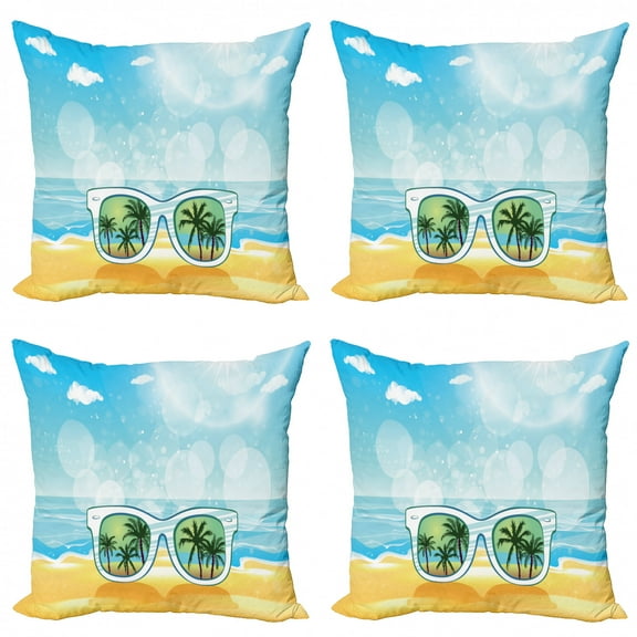 Ambesonne Tropical Throw Pillow Cover 4 Pack, Sunglasses Reflection Tree, 24", Pale Blue Mustard White