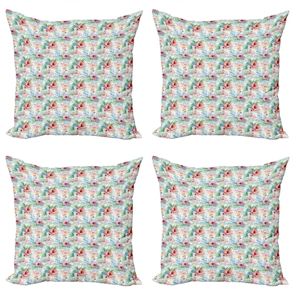 Ambesonne Tropical Throw Pillow Cover 4 Pack, Exotic Parrot Flower, 24", Multicolor