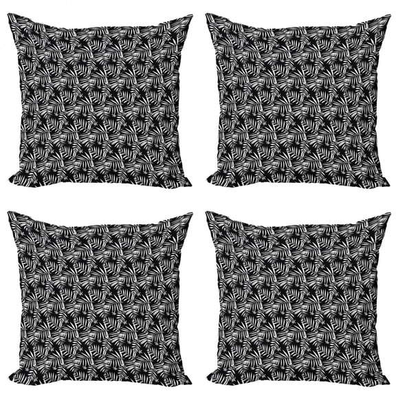 Tropical Throw Pillow Cushion Case Pack of 4, Graphic Bohemian Floral Print with Leaves Inspired by Tropical Forest Nature, Modern Accent Double-Sided Print, 4 Sizes, Black and White, by Ambesonne