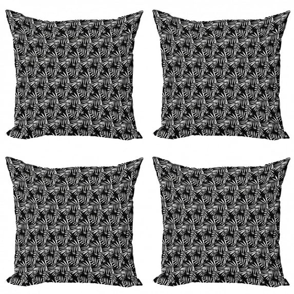 Tropical Throw Pillow Cushion Case Pack of 4, Graphic Bohemian Floral Print with Leaves Inspired by Tropical Forest Nature, Modern Accent Double-Sided Print, 4 Sizes, Black and White, by Ambesonne