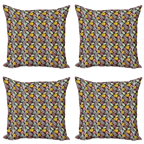 Tropical Throw Pillow Cushion Case Pack of 4, Tropical Jungle Elements as Cluster of Forest Leaves Nature Theme Illustration, Modern Accent Double-Sided Print, 4 Sizes, Multicolor, by Ambesonne