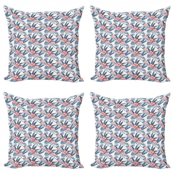 Ambesonne Tropical Throw Pillow Cover 4 Pack, Banana Palm Lilies, 16", Coral Orange and Blue