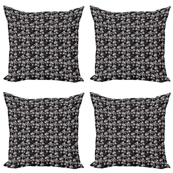 Ambesonne Tropical Throw Pillow Cover 4 Pack, Exotic Palm Tree Sketch, 16", Charcoal Grey White