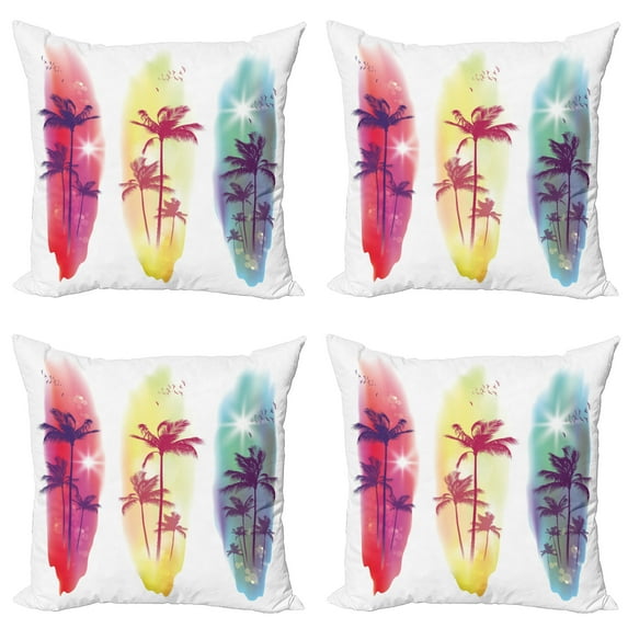 Ambesonne Tropical Throw Pillow Cover 4 Pack, Palm Trees Seagulls, 18", Pale Yellow Fuchsia