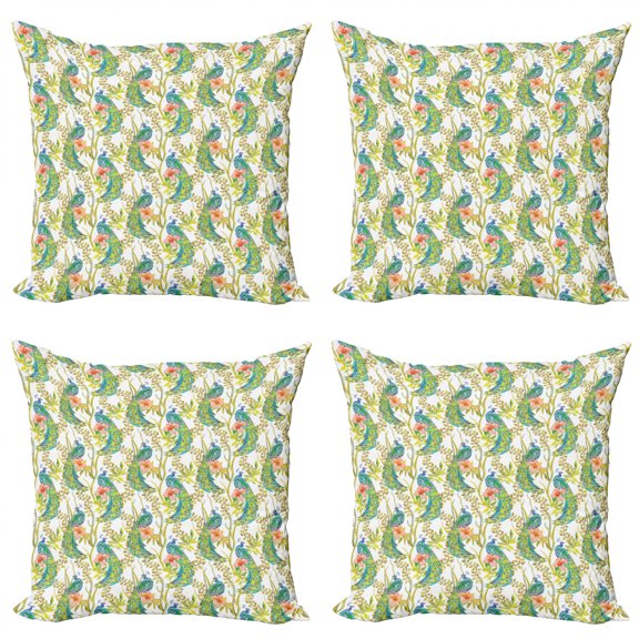 Tropical Throw Pillow Cushion Case Pack of 4, Peacock Birds with Boho Feathers Birds on Exotic Hibiscus Leaf Branch, Modern Accent Double-Sided Print, 4 Sizes, Multicolor, by Ambesonne