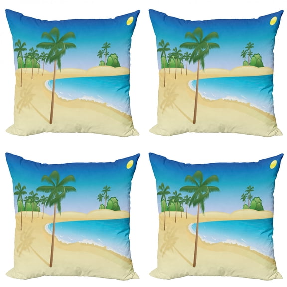 Tropical Throw Pillow Cushion Case Pack of 4, Summer Nature Coastal Scene with Palms and Ocean Exotic Traveling, Modern Accent Double-Sided Print, 4 Sizes, Sea Blue Multicolor, by Ambesonne