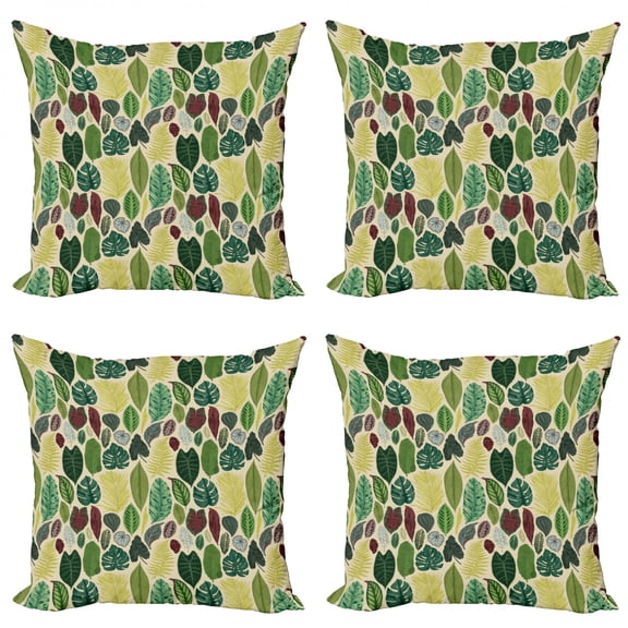 Ambesonne Tropical Throw Pillow Cover 4 Pack, Various Detailed Leaves, 20", Multicolor