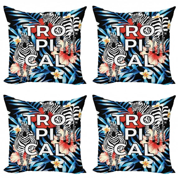 Tropical Throw Pillow Cushion Case Pack of 4, Zebra Hibiscus Blooms Exotic Slogan Wilderness Jungle Foliage Leaves Paradise, Modern Accent Double-Sided Print, 4 Sizes, Multicolor, by Ambesonne
