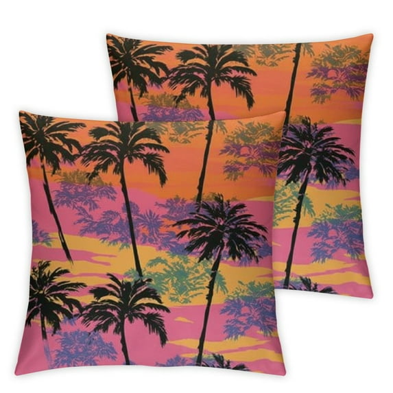 Tropical Throw Pillow Cushion Cover, Dark Silhouettes of Palm Trees Leaves on Striped Back Art Aloha Vibes, Decorative Square Accent Pillow Case, Pale Fuchsia Marigold