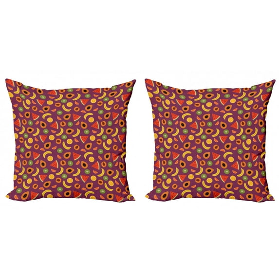 Tropical Throw Pillow Cushion Cover Pack of 2, Appetising Healthy Summer Fruits Pattern with Avocado Kiwi Watermelon Banana Shape, Zippered Double-Side Digital Print, 4 Sizes, Multicolor, by Ambesonne