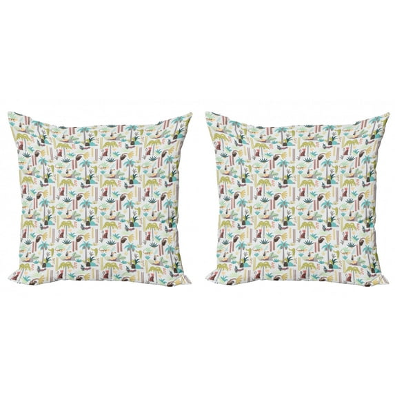Tropical Throw Pillow Cushion Cover Pack of 2, Childish Cartoon Style Toucan Palm Tree and Coconuts Wild Nature of Hawaii Pattern, Zippered Double-Side Digital Print, 4 Sizes, Multicolor, by Ambesonne