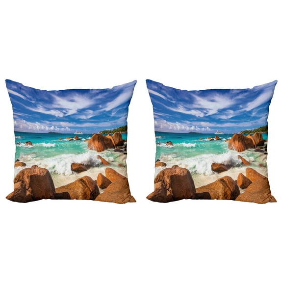 Ambesonne Tropical Throw Pillow Cover 2 Pack, Rocky Coast Seychelles, 20", Cinnamon Blue Turquoise