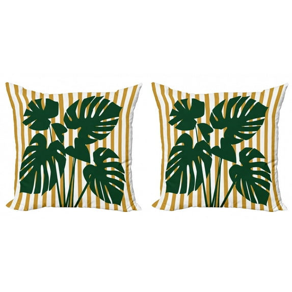 Ambesonne Tropical Throw Pillow Cover 2 Pack, Hawaiian Monstera Stripes, 20", Pale Coffee Hunter Green