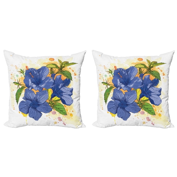 Ambesonne Tropical Throw Pillow Cover 2 Pack, Hibiscus Exotic Art, 16", Violet Blue Mustard