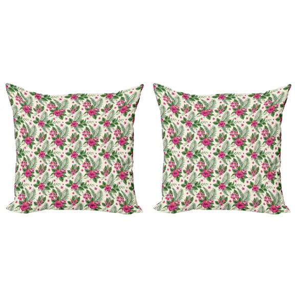 Ambesonne Tropical Throw Pillow Cover 2 Pack, Plumeria and Hibiscus, 16", Multicolor