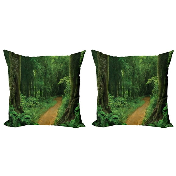 Ambesonne Tropical Throw Pillow Cover 2 Pack, Jungle Forest Trees, 24", Green Brown