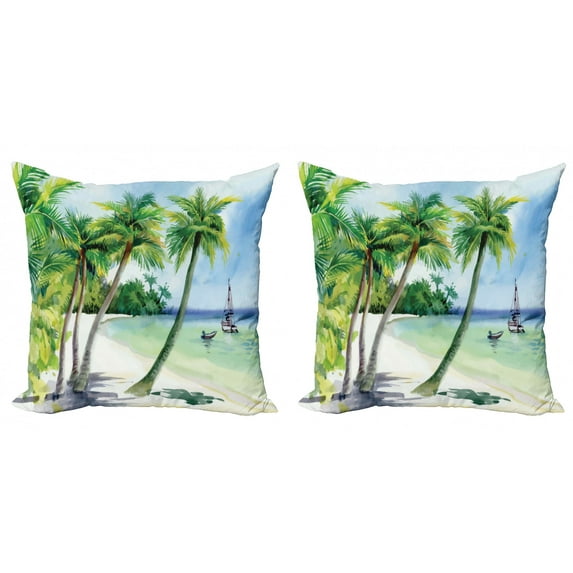 Ambesonne Tropical Throw Pillow Cover 2 Pack, Tropical Landscape Beach, 20", Azure Blue Jade Green