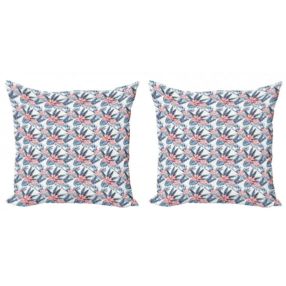 Ambesonne Tropical Throw Pillow Cover 2 Pack, Banana Palm Lilies, 24", Coral Orange and Blue