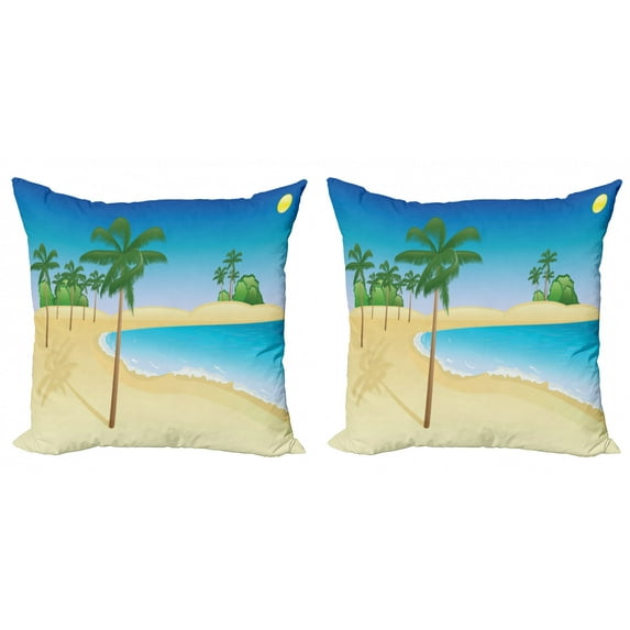 Tropical Throw Pillow Cushion Cover Pack of 2, Summer Nature Coastal Scene with Palms and Ocean Exotic Traveling, Zippered Double-Side Digital Print, 4 Sizes, Sea Blue Multicolor, by Ambesonne